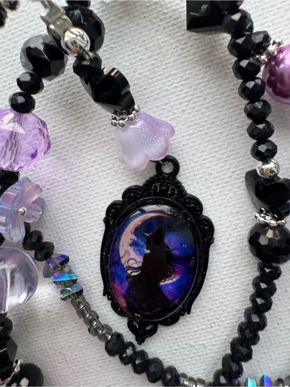 Handcrafted Black & Lavender Beaded Multi-Strand Phone Charm with Witch Cameo